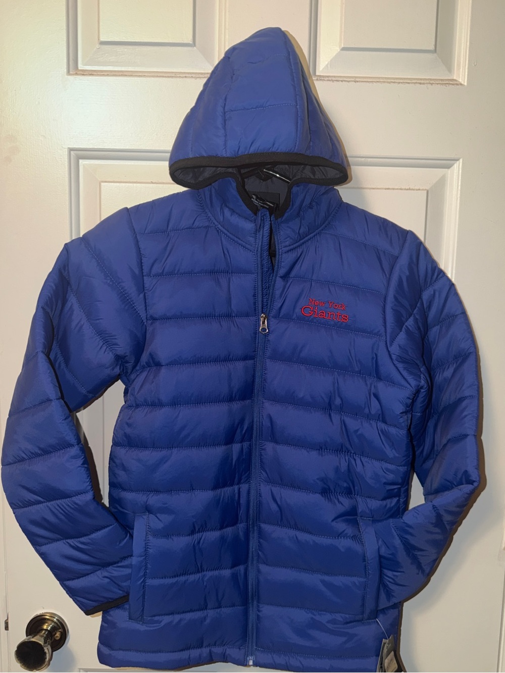 New York Giants Youth Medium Puffer Jacket Blue NWT New Hooded Packable NFL